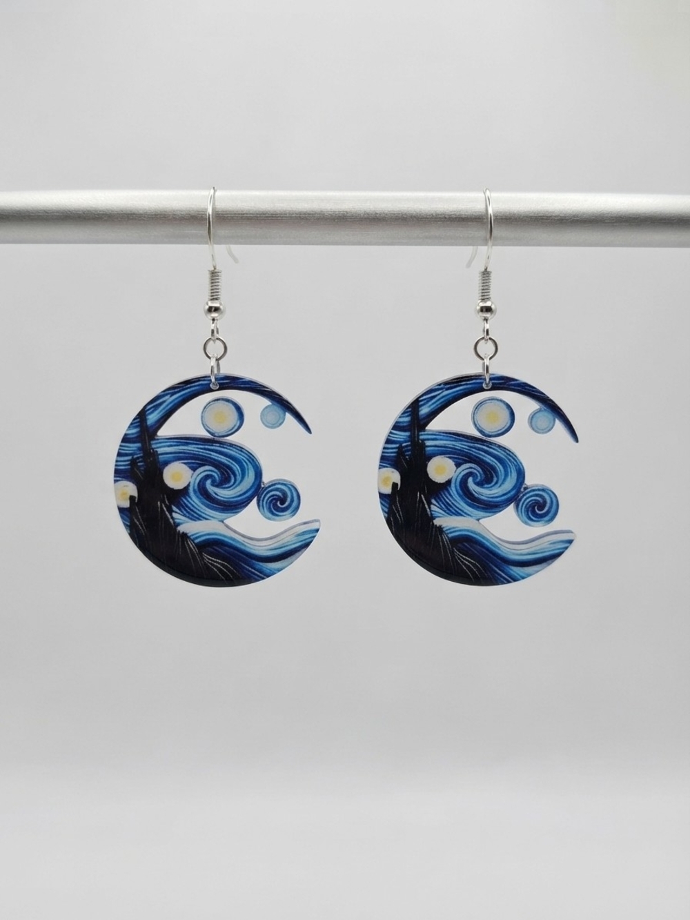 NEW Handmade Starry Night Blue Crescent Dangle Earrings  (0350)